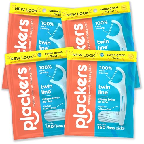 Plackers Twin-Line Dental Flossers, Advanced Whitening and Dual Action Flossing System, Easy Storage, Super Tuffloss, 2X The Clean, Cool Mint Flavor, 150 Count (Pack of 4)