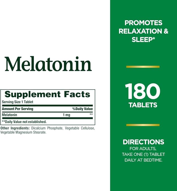 Nature's Bounty Melatonin, 100% Drug Free Sleep Aid, Promotes Relaxation and Sleep Health, 1mg, 180 Tablets (Pack of 2)