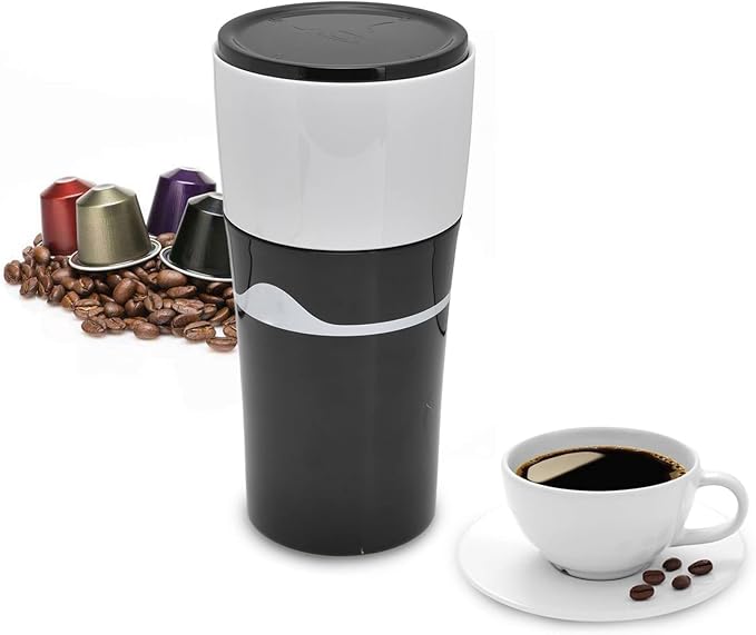 450ml Portable Drip Coffee Travel Mug, Side Leakage Proof Sharing Cup Lid Drip Coffee Machine with 3 Capsules for K Cup Capsules (Black White)