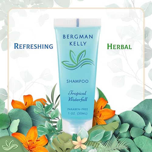 Bergman Kelly - Hotel Toiletries Bundle - Tropical Waterfall, 1 oz each, 100 Pcs - 4-Piece Set: 25 Rectangular Bar Soap, 25 Shampoo, 25 Conditioner & 25 Body Lotion - Bulk Mini Guest Amenities Supply