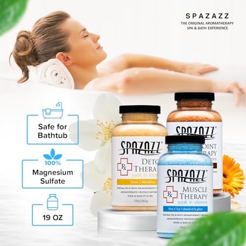 Spazazz Hot Tub Aromatherapy RX Muscle Detox Joint Bath Salt Crystals Bundle. Three Jars of 19oz Spazazz Hot Tub Crystals with Hot/Cold Towel and 5-Point Full Body Massager
