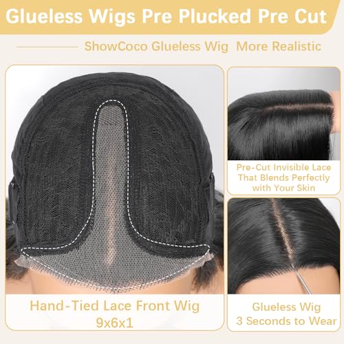 Black Wig for Women 26 Inch Pre Cut Hand-Tied Lace Long Wavy Natural Hairline Middle Part Hair Replacement Wigs for Women Beginners Natural Synthetic Wig for Daily Party 3 Seconds to Wear