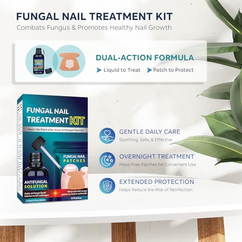 Toenail Treatment Liquid and Patches: Fast Acting Kit for Nail Repair - Extra Strength Solution for Damaged Thick Discolored Cracked Nails - Overnight Toe Finger Nail Renewal Patch