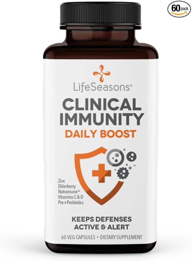 LifeSeasons Clinical Immunity - Daily Boost - Immune System Booster - Pre + Probiotics - Increases Antibodies & Immune Cells - Elderberry, Zinc, Natramune & Vitamin C + D3-60 Capsules