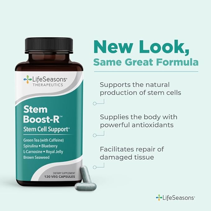 LifeSeasons Stem Boost-R - Stem Cell Support - Naturally Repair Damaged Tissue - Vitamin Supplement Rich in Antioxidants - Royal Jelly, Spirulina, Blueberry, Brown Seaweed & L-Carnosine - 120 Capsules