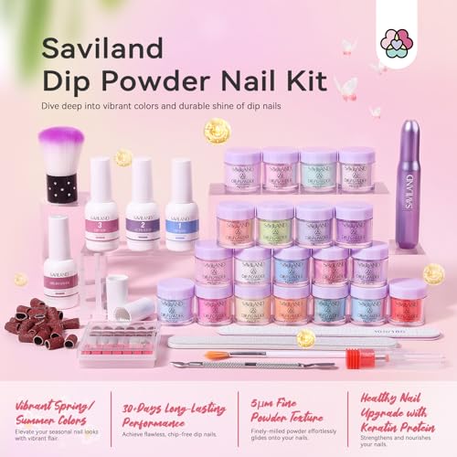 SAVILAND Dip Powder Nail Kit with Drill - 20 Colors Summer Dip Nails Powder Starter Kit with Everything Dip Liquid Set Dipping System Base Top Coat Activator for Dip Manicure Art Salon DIY