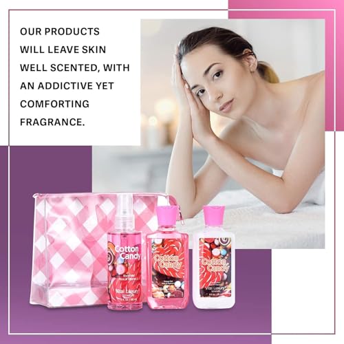 Bath and Body Gift Set - Cotton Candy Scented 3-Piece Travel Size Collection-3 Fl Oz , Shower Gel, Body Lotion, Body Mist, Compact & Lightweight, Ideal for Gifts, Travel, or Daily Skincare Routine