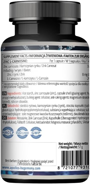 APOLLO'S HEGEMONY Zinc L-Carnosine 37.5 mg per Capsule - 90 Vegan Capsules - 3 Months Supply - for Skin, Hair & Nail Health - Supplement