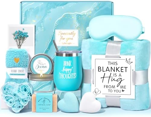 Birthday Gifts for Women, Christmas Self Care Gifts Get Well Soon Gifts Basket, Ocean Relaxing Spa Gifts Care Package w/Luxury Flannel Blanket, Unique for Mom Her Friend Sister