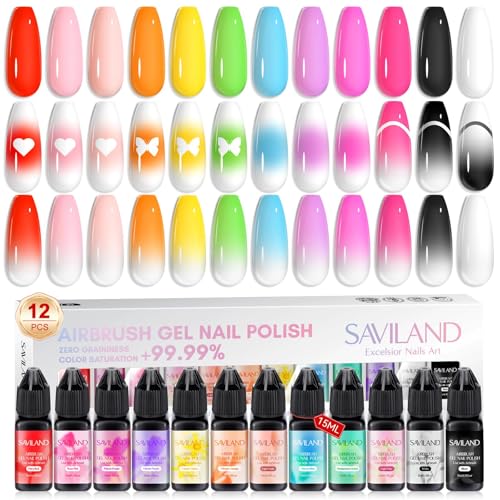SAVILAND Airbrush Gel Nail Polish: Dilution-Free 12 Vitality Colors Airbrush for Nails Set Non-Acetone with Fine Mist Nail for Color Spray French & Ombre Nail Polish Nail Art Design Salon Kit