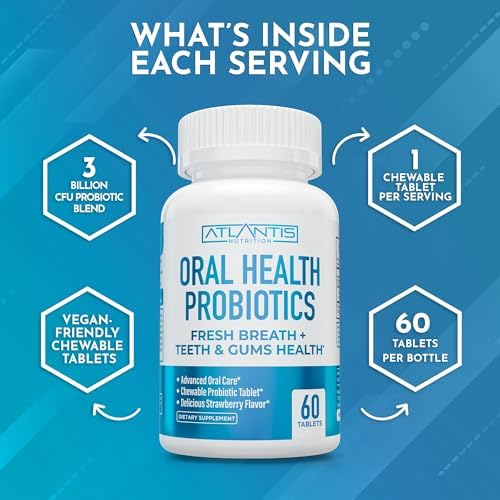 Atlantis Nutrition Oral Probiotics Chewable Tablet - Dental Probiotic for Gum Care & Teeth Care - Bad Breath Treatment for Adults - 3 Billion CFU Probiotic Blend - Strawberry Flavor - 60 Tablets