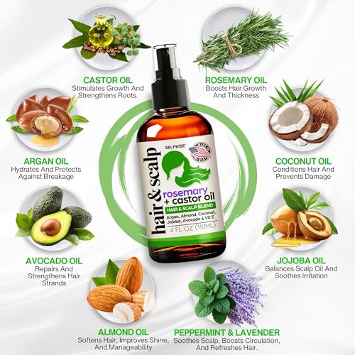 Organic Rosemary Oil For Hair Growth with Castor, Argan, Coconut, Almond, Jojoba, Avocado, Grapeseed, Vitamin E, Lavender & Peppermint for Hair & Scalp Treatment, All Hair Types, Men & Women 4oz