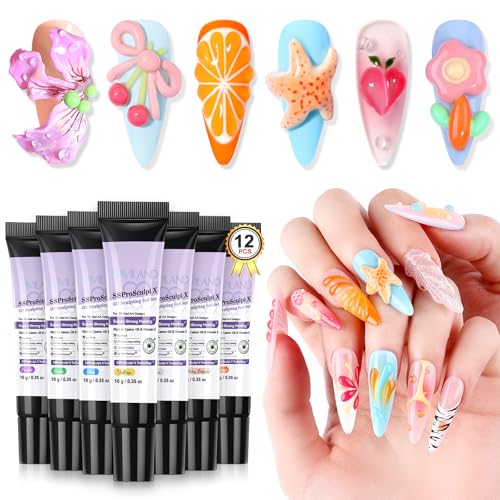 SAVILAND SSPro X 3D Nail Gel Set: 12 Colors Super Strong Molding No Wipe 3D Sculpting Gel for Nail Art Design Carving Painting 3D Nail Art Sculpture Spring Summer Manicure Set for Home Nail Salons DIY