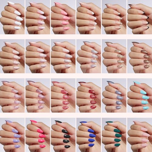 Beetles Press on Nails Kit 720Pcs 24 Colors, Press on Nails Short Almond Glossy Matte Glitter With Nail Glue & Nail Tabs Stickers, Natural Fit Lightweight Fake Nails Kit Art For Women Girls