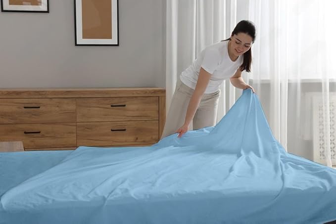 Cotton Blend 4-Piece Bed Sheets Set Queen Size, Light Blue Queen Sheets, Long-Staple Cotton Bed Sheets for Bed, Soft & Silky Sateen Weave 15-Inch Elasticized Deep Pocket (Queen,Light Blue)