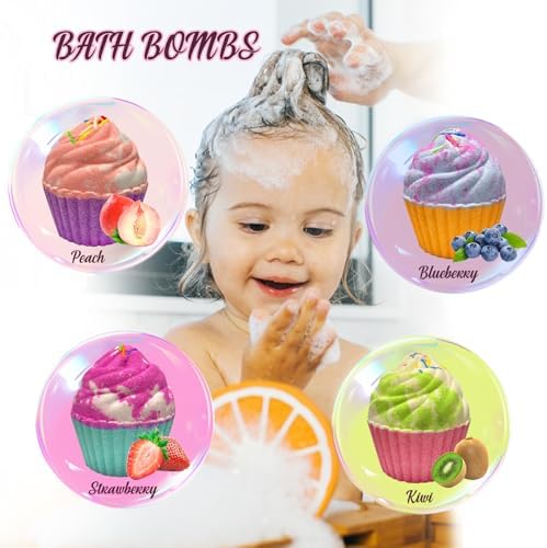 Bath Bombs for Kids with Surprise Jewelry Inside, 8 Cupcake Bath Bombs for Girls Gift Set, Handmade Fizzes Balls with Rich Bubble Bath, Ideal for Chrildren Birthday Christmas
