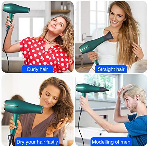 2000 Watt Negative Ionic Hair Dryer, Professional Salon Blow Dryer, Low Noise Fast Drying & Powerful AC Motor and Diffuser Comb for Men Women,3 Heat & 2 Speed Settings, Easy to Use- Green