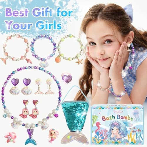 Mermaid Bath Bombs for Girls Kids with Toys Inside, 9 Pcs Natural Handmade Shell Bubble Bath Bomb Kit for Girls with Jewelry Surprise, Pefect for Christmas Easter Birthday Gift Princess Party Favor