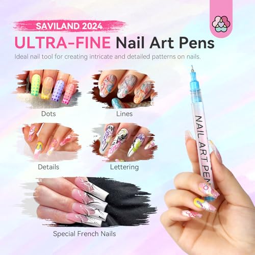 SAVILAND Nail Art Pens Set: 12 Colors 0.5MM 3D Nail Polish Pens Quick Drying Acrylic Paint Nail Art Markers Nail Point Graffiti Dotting Tools Drawing Painting Liner Nail Art Design Pens Home DIY