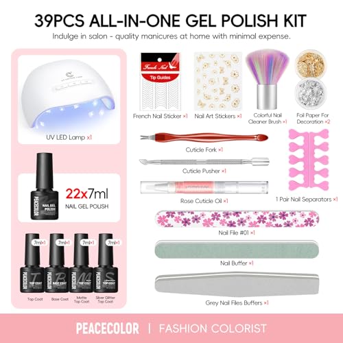 Peacecolor 39pc Gel Nail Polish Kit with U V Light, Pink Brown Nude Dark Red 22 Colors Pastel Gel Polish Kit with Base Top Coat Matte Glossy French Nail Art for Beginners Manicure DIY