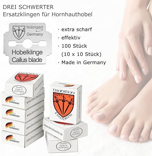 3 Swords Germany - 100 (10x10) Pieces Replacement Refill Blades for Callus Remover - Made in Solingen Germany