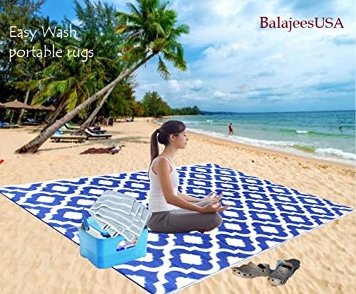 BalajeesUSA Recycled Outdoor Plastic Patio Rugs Clearance Waterproof RV Camper Rug Large Reversible mats 6'x9' Blue & White 20317