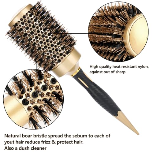 Aozzy Hair Brush, Round Brush Set for Blow Drying - Professional Boar Bristle Hair Styling Brush, Nanothermic-Ion Technology, Vented Ceramic Barrel, for Women - 4 Size Options, Golden
