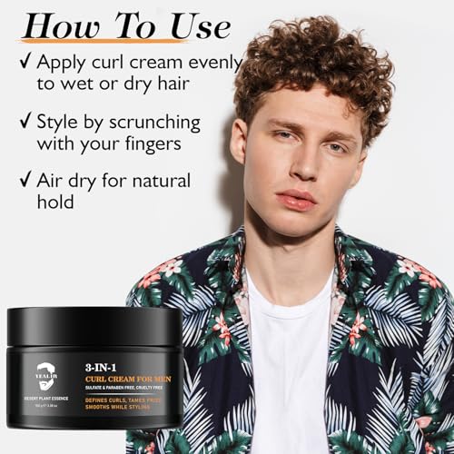 3-in-1 Curl Cream for Men - Defines Curls, Tames Frizz, Adds Smoothness and Texture for Curly and Wavy Hair, Hair Styling Cream with Desert Derived Extracts, Sulfate - Free 3.38 oz