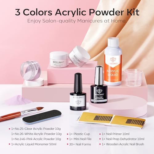 Modelones Acrylic Nail Kit - Clear/White/Pink Acrylic Powder and Liquid Set with Brush, Dehydrator and Primer, Starter Kit for Nail Extension Beginners