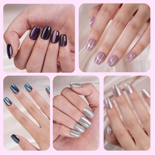 300Pcs Cat Eye Press on Nails Short Square, Plauva Soft Gel Fake Nails, Glossy Glitter Cat Eye Nail Tips for Women and Girls Stick On Nails in 15 Sizes