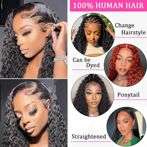 28 Inch 13x6 Deep Wave Lace Front Wigs Human Hair Pre Plucked 200% Density 13x6 HD Transparent Lace Frontal Curly Wig Human Hair Glueless Deep Curly Wigs for Women Natural Black