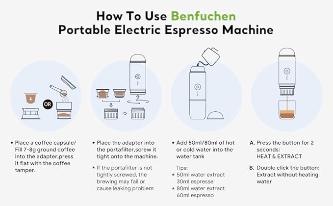 BENFUCHEN Portable Electric Espresso Machine, Self-Heating Mini Electric Espresso Maker For Ground Coffee & NESPRESSOpods, 19 Bar Mini Coffee Maker On the Go For Travel Camping Hiking RV Office, White