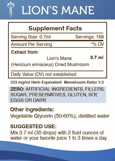 Secrets of the Tribe Lion's Mane Tincture Alcohol-Free Extract, Lion's Mane (Hericium erinaceus) Dried Mushroom (2x4 fl oz)