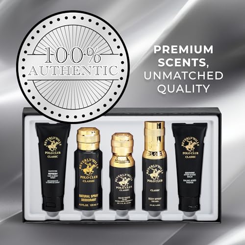 Beverly Hills Polo Club BHPC Cologne 5 Piece Gift Set for Men | Eau de Toillete, Deodorant, Shower Gel, Body Wash, Body Spray Fragrances (Classic)