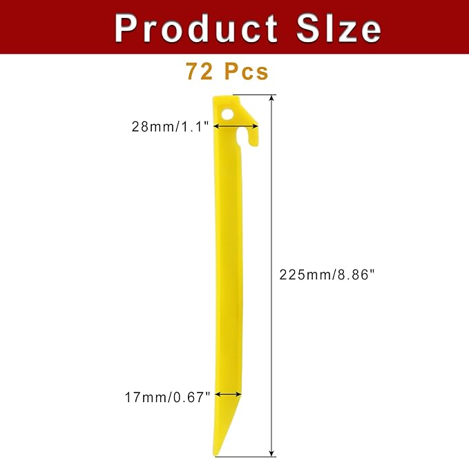 72 Pcs Plastic Tent Stakes, 9 Inch Heavy Duty Plastic Camping Stakes Tent Pegs for Sand, Beach, Woods, Yellow