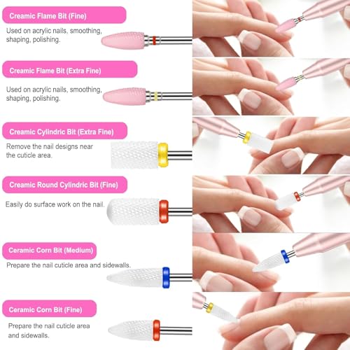 30Pcs Nail Drill Bits Set, 3/32 Inch Tungsten Ceramic Diamond Carbide Nail Drill Bits for Acrylic Gel Polish, Cuticle Efile Remover for Manicure Pedicure