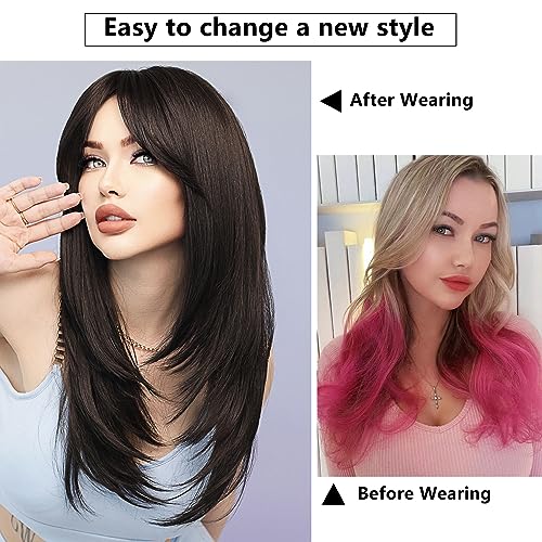 7JHH WIGS Long Natural Black Wig with Bangs Straight Wigs for Women,Heat Resistant Layered Synthetic Wigs for Daily Use