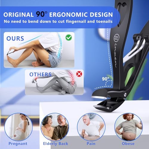 Toenail Clippers for Thick Nails for Seniors| INXEN 3-Pack Ergonomic Heavy Duty Angled Head Nail Clippers with Catcher | Premium Steel Wide Opening Fingernail Clippers Nail Cutter for Men & Women