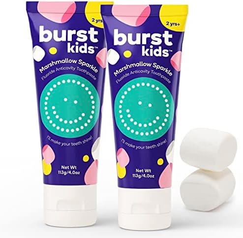 BURST Marshmallow Sparkle Kids Toothpaste with Fluoride (4oz/2 Pack) | Great Tasting | Flavored for Children & Toddlers | Anticavity | Dye Free & Vegan | Safe for Kids Ages 2+