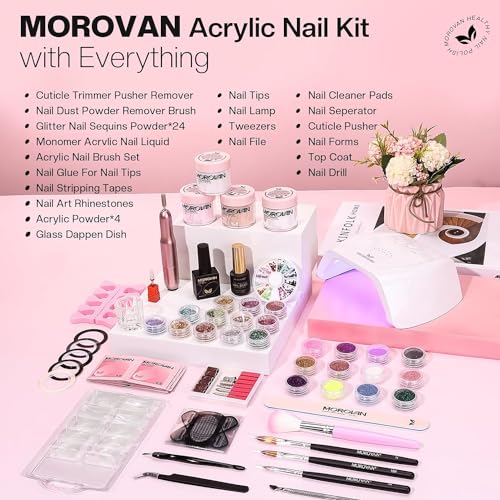 Morovan Acrylic Nail Kit with UV Lamp: Complete Beginner Starter Set with Glitter Acrylic Powder