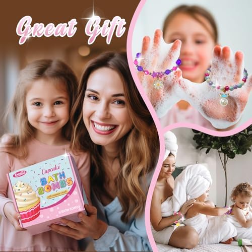Bath Bombs for Kids with Surprise Jewelry Inside, 8 Cupcake Bath Bombs for Girls Gift Set, Handmade Fizzes Balls with Rich Bubble Bath, Ideal for Chrildren Birthday Christmas