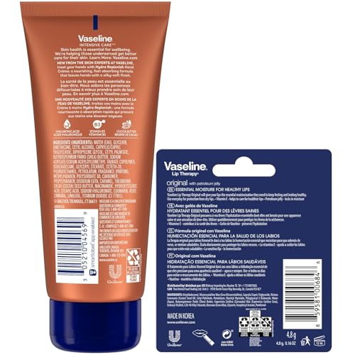 Vaseline Hand Cream 2-Pack – Hydra Replenish Crème with Hyaluronic Acid, Niacinamide & Cocoa Butter for Soft Skin + Cocoa Butter Lip Therapy Tube with Petroleum Jelly