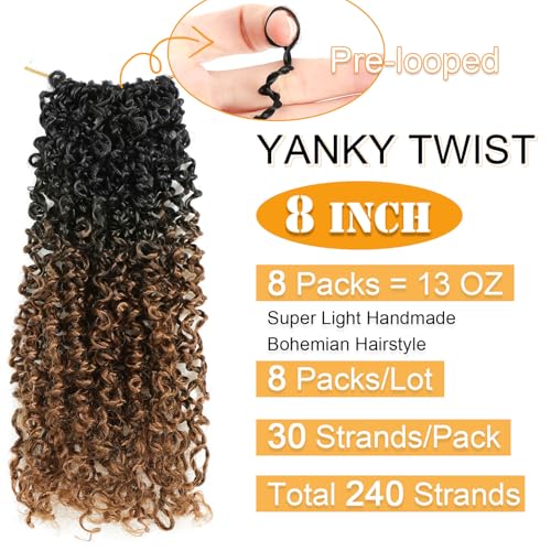 Aksice 8 Inch Yanky Twist Crochet Hair for Black Women 8 Packs Pre-looped Yankee Twist Hair Brown Spring Mini Passion Twist with Curly Ends Synthetic Crochet Braids (8 Inch, OT30#)