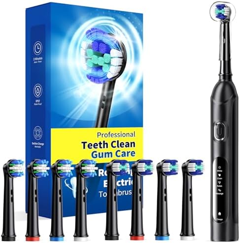 Rotating Electric Toothbrush for Adults with 8 Brush Heads (2 Types), 4 Modes Deep Clean Electric Toothbrush with Rechargeable Power and 2 Min Smart Timer (1- Black, p1)