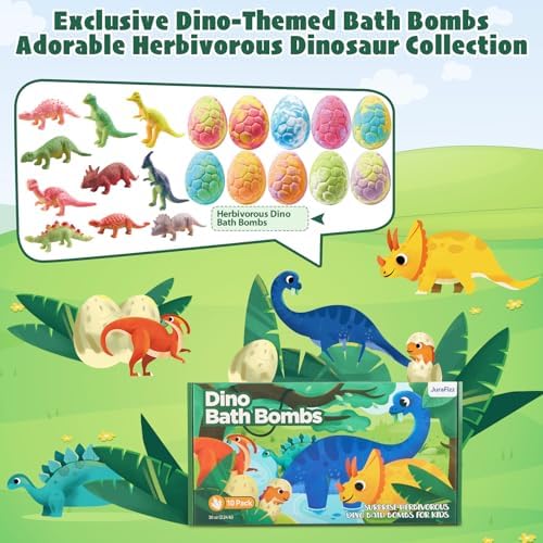 Dinosaur Bath Bombs for Kids with Surprise Inside, 10 Pack Natural Dino Eggs with Exclusive Herbivorous Dinosaur Toys, Birthday Gift Set for Boys & Girls, Dinosaur Toys for Kids Ages 3-9