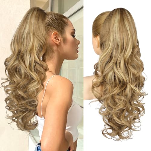 REECHO Ponytail Extension, 24" Claw Clip in Ponytail Extensions Long Curly Wavy Ponytail Hair Extension Jaw Clip on Pony Tails Hairpiece for Women - Medium Blonde with Blonde Highlights