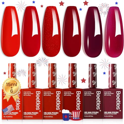 Beetles Red Gel Nail Polish Set-15ML 6 Colors Shimmer Bloody Red Burgundy Gel Polish Kit Soak Off UV Full Size Nail Polish Nail Art Salon Design DIY Gift for Women Colorful Bottle