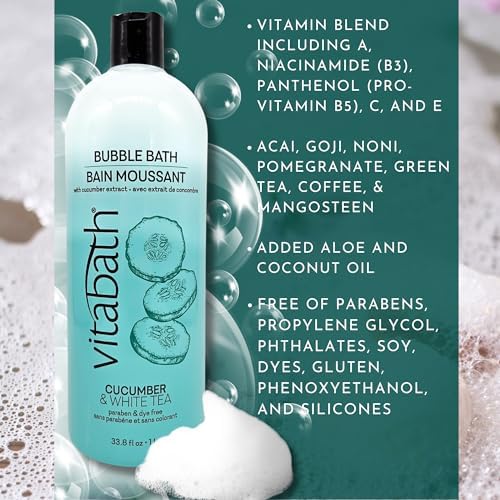 Vitabath Cucumber & White Tea Bubble Bath Rich Foaming Bubbly Soak & Relaxing Aromatherapy Moisturizing & Nourishing Indulgent Suds for Women & Men All Skin Types - 33.8 fl oz
