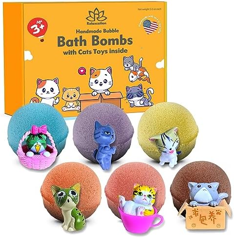 Made in USA 6 Bath Bombs for Kids Set with Cat Toys Surprise Inside for Kids - Surprise Cute Cats Inside Each Fizzy Bath Ball - Natural and Safe for Girls, Boys, Teens - Perfect for Gift - Handmade