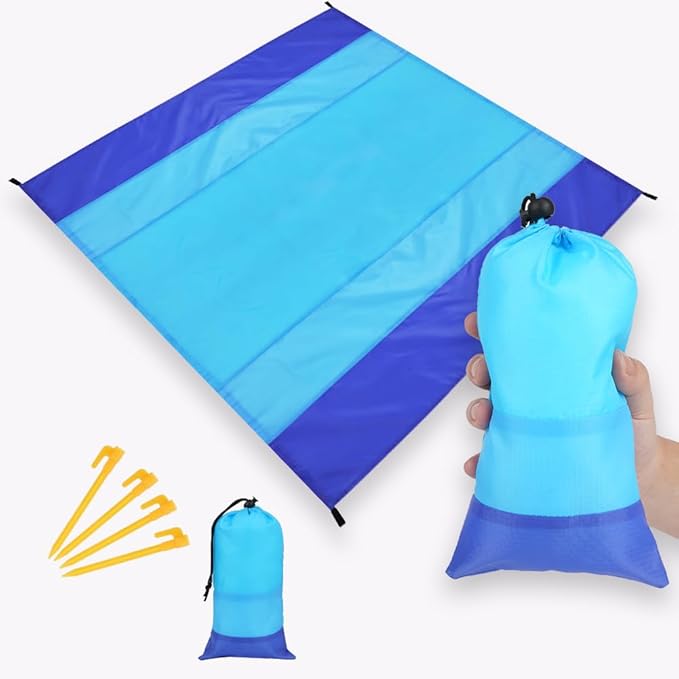 Beach Blanket Beach Mat, Sandproof Waterproof Beach Mat, Extra Large 108 * 118 in (8-10People) Picnic Blanket with 1 Storage Bag, 1 Carabiner & 4 Fixed Nails for Beach, Camping, Hiking, Picnic